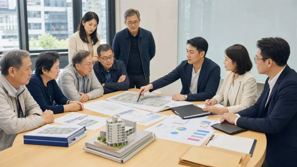 更新會會員與專業團隊討論都更遴選與費用契約示意圖