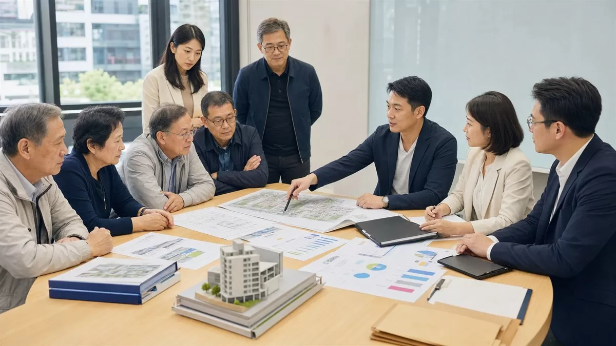 更新會會員與專業團隊討論都更遴選與費用契約示意圖