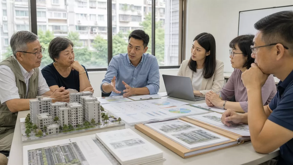 社區住戶討論建商不願投入時自主更新替代方案示意圖