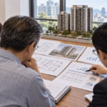 地主與專業人員在都市更新會議中核對建築模型及共同負擔費用表
